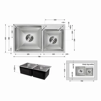 Мойка для кухни с двумя чашами интегрированная Lidz Handmade H7843 (LDH7843BRU35387) Brushed Steel 3,0/1,0 мм
