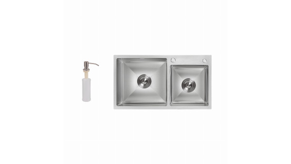 Мийка для кухні з двома чашами інтегрована Lidz Handmade H7843 (LDH7843BRU35387) Brushed Steel 3,0/1,0 мм