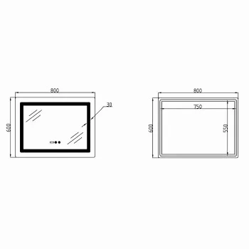 Дзеркало Lidz Kubis (KU2) 800х600 з годинником, з LED-підсвічуванням Touch, з антизапотіванням, з димером, рег. яскравості LDKU800600CL48281
