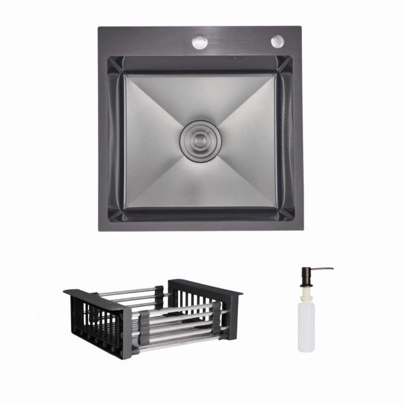 Комплект Lidz Handmade H5050HB Мийка для кухні інтегрована Decor Black PVD Honeycomb у комплекті з дозатором + Lidz LIDZK01B Корзина для кухонної мийки